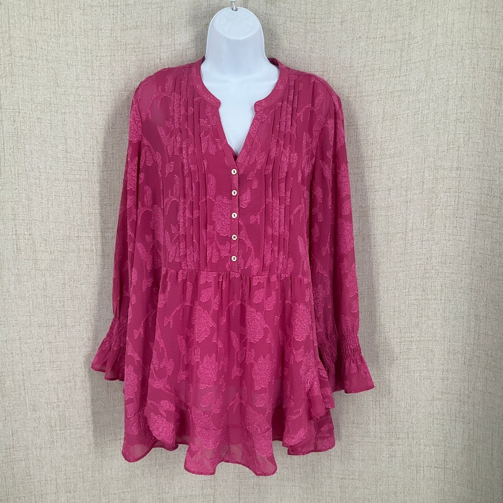 Soft Surroundings Tunic Women M Pink Floral Burnout Boho Ruffle Ethereal Airy